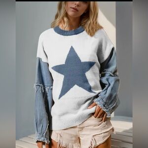 0214 Star Pattern Sweater with Denim Sleeves